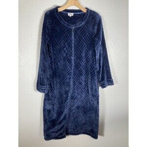Kim Rogers Plush Fleece Velvet Robe S Zip Blue Herringbone Pockets Loungewear